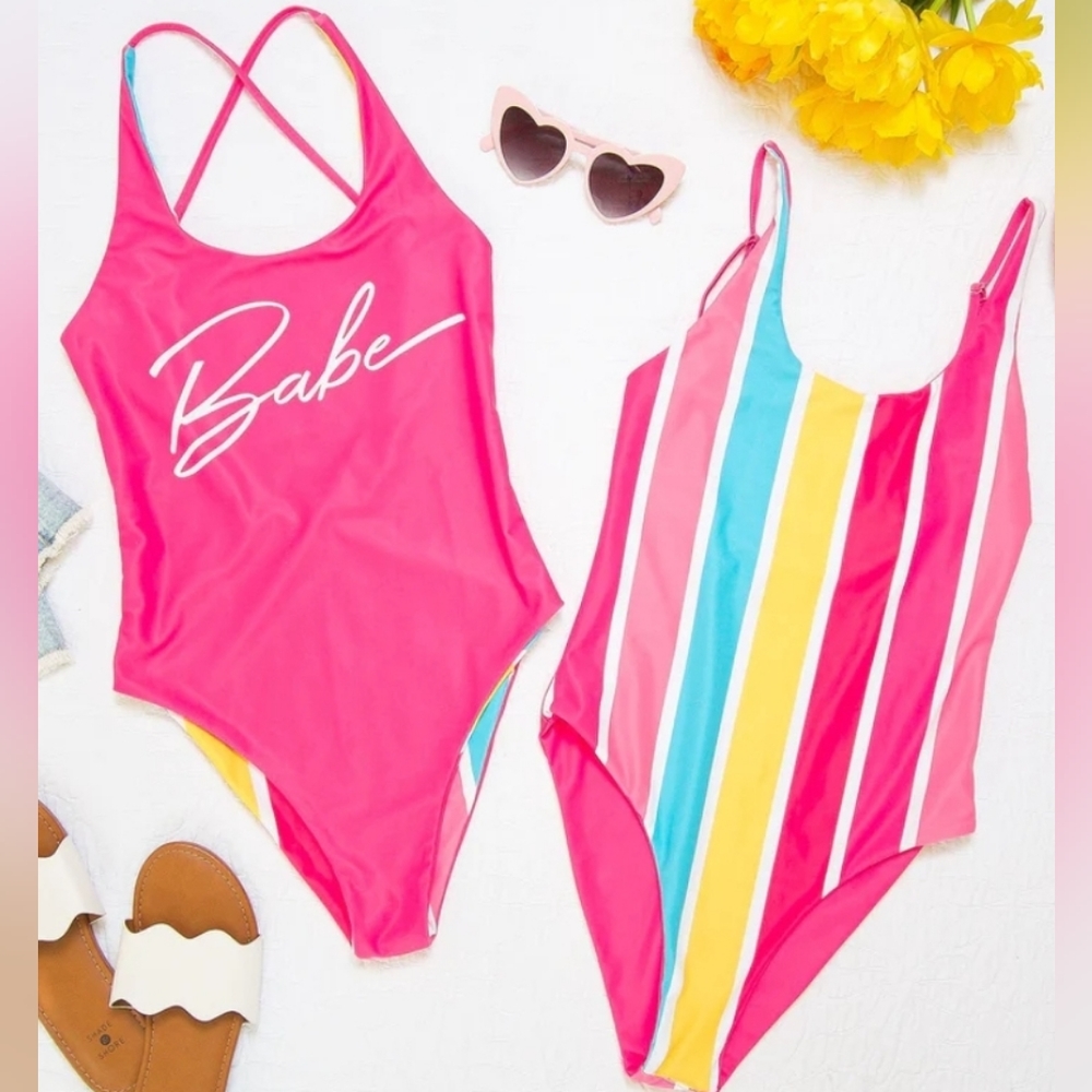 Reversible Babe Pink Stripes One Piece Swimsuit NWT Large Stag & Hen
